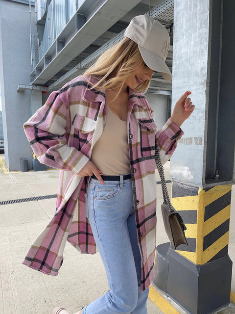 Autumn Loose Fashion  Plaid Mid-Length Pocket Long Sleeve Single Breasted Coat CODE: KAR1752