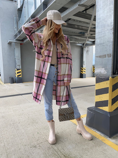 Autumn Loose Fashion  Plaid Mid-Length Pocket Long Sleeve Single Breasted Coat CODE: KAR1752