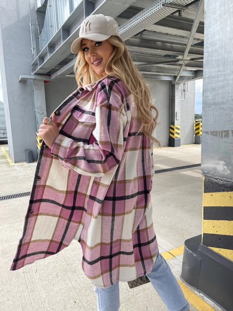 Autumn Loose Fashion  Plaid Mid-Length Pocket Long Sleeve Single Breasted Coat CODE: KAR1752