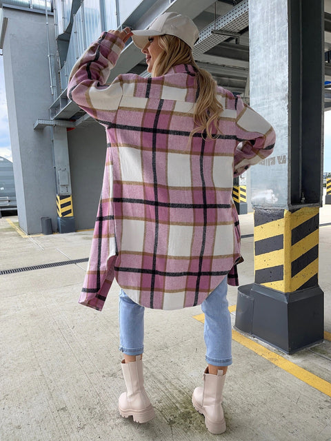 Autumn Loose Fashion  Plaid Mid-Length Pocket Long Sleeve Single Breasted Coat CODE: KAR1752