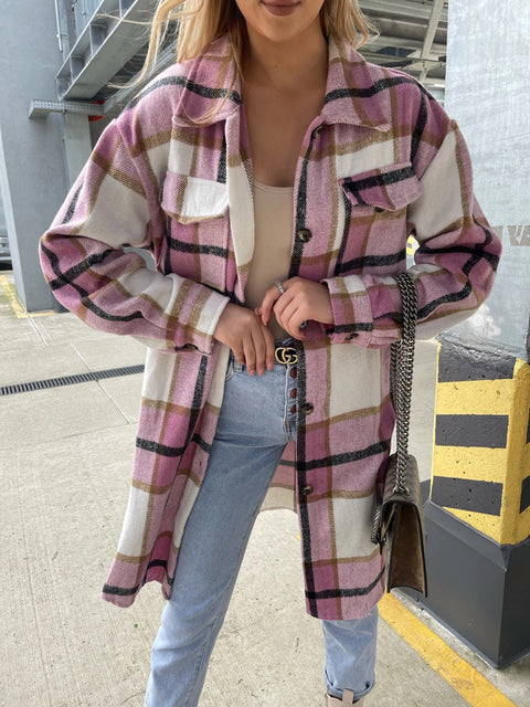 Autumn Loose Fashion  Plaid Mid-Length Pocket Long Sleeve Single Breasted Coat CODE: KAR1752
