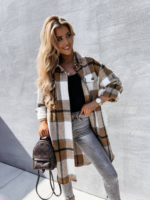 Autumn Loose Fashion  Plaid Mid-Length Pocket Long Sleeve Single Breasted Coat CODE: KAR1752
