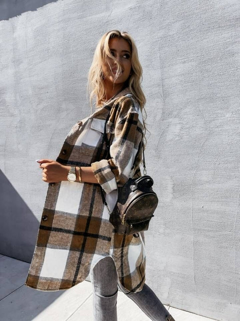 Autumn Loose Fashion  Plaid Mid-Length Pocket Long Sleeve Single Breasted Coat CODE: KAR1752