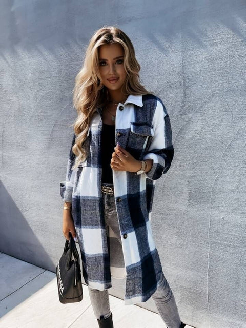 Autumn Loose Fashion  Plaid Mid-Length Pocket Long Sleeve Single Breasted Coat CODE: KAR1752
