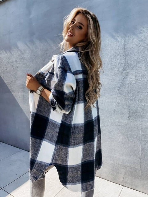 Autumn Loose Fashion  Plaid Mid-Length Pocket Long Sleeve Single Breasted Coat CODE: KAR1752