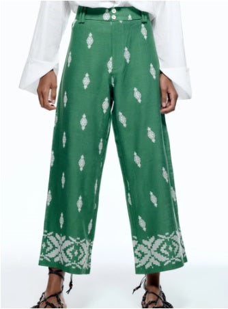 Summer New Green Linen Blend Embroidered High Waist Straight Wide Pipe Printed Pant CODE: KAR1753