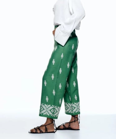 Summer New Green Linen Blend Embroidered High Waist Straight Wide Pipe Printed Pant CODE: KAR1753