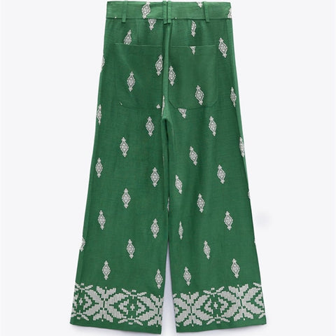Summer New Green Linen Blend Embroidered High Waist Straight Wide Pipe Printed Pant CODE: KAR1753
