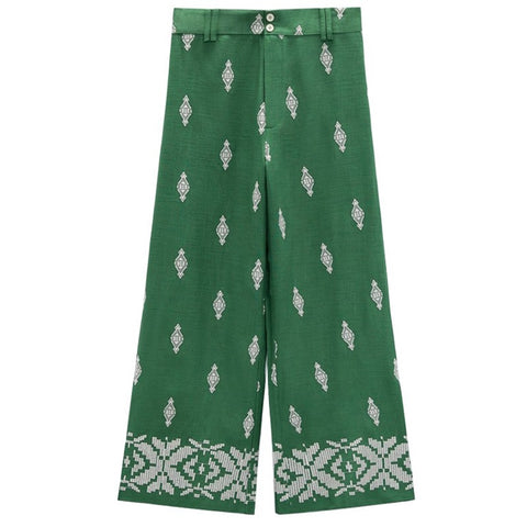 Summer New Green Linen Blend Embroidered High Waist Straight Wide Pipe Printed Pant CODE: KAR1753