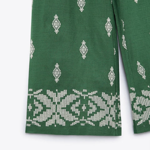 Summer New Green Linen Blend Embroidered High Waist Straight Wide Pipe Printed Pant CODE: KAR1753