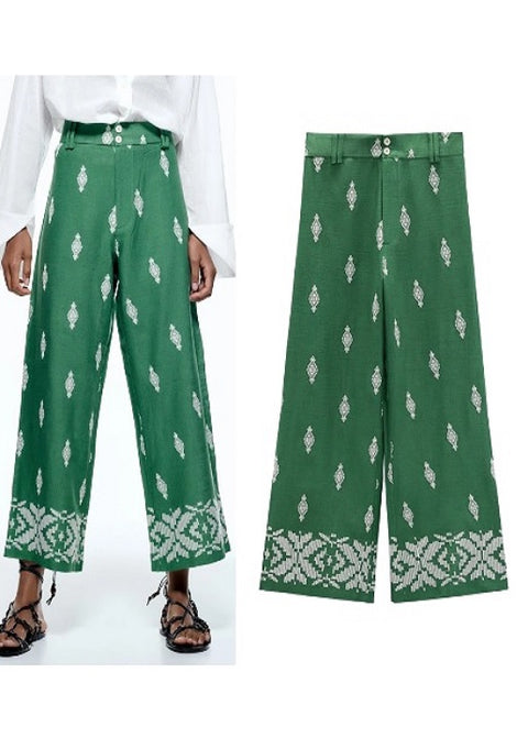 Summer New Green Linen Blend Embroidered High Waist Straight Wide Pipe Printed Pant CODE: KAR1753