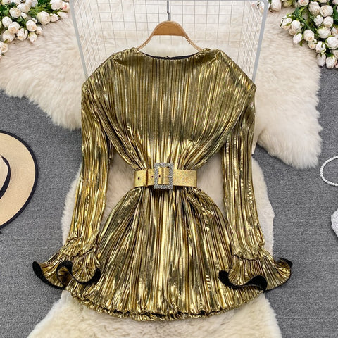 Autumn New Fashion Metallic Color round Neck Waist Trimming Slimming Pleated Long Sleeve Short Dress CODE: KAR1760