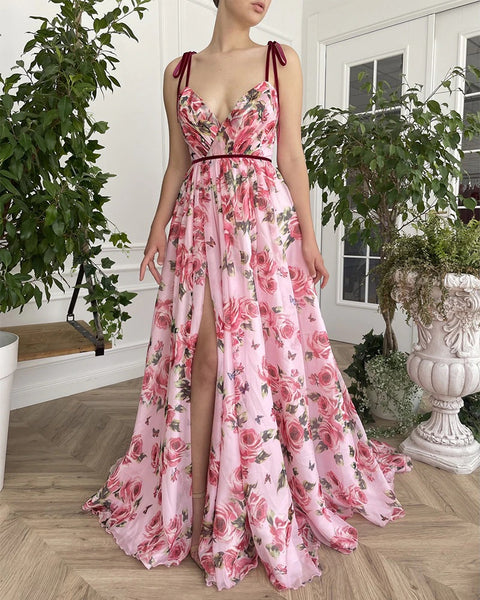 Summer Lace-up Rose Print Sleeveless V Neck Loose Split Boho Sexy Slip Dress CODE: KAR1772