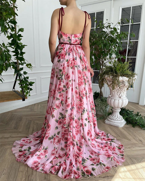 Summer Lace-up Rose Print Sleeveless V Neck Loose Split Boho Sexy Slip Dress CODE: KAR1772