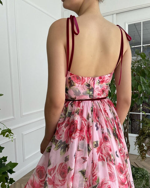 Summer Lace-up Rose Print Sleeveless V Neck Loose Split Boho Sexy Slip Dress CODE: KAR1772