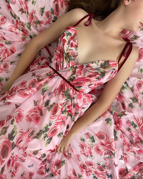 Summer Lace-up Rose Print Sleeveless V Neck Loose Split Boho Sexy Slip Dress CODE: KAR1772