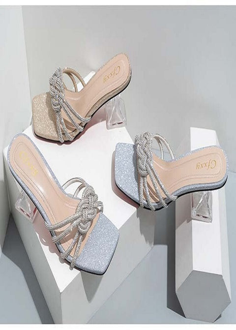 Summer Fashion Diamond Slides Casual Square Rhinestones Toe High Heels CODE: KAR1773