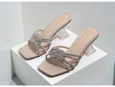 Summer Fashion Diamond Slides Casual Square Rhinestones Toe High Heels CODE: KAR1773