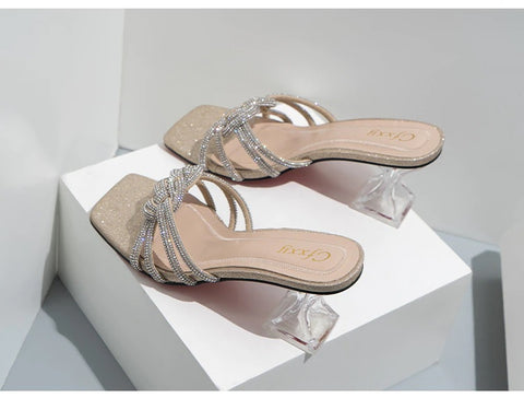 Summer Fashion Diamond Slides Casual Square Rhinestones Toe High Heels CODE: KAR1773