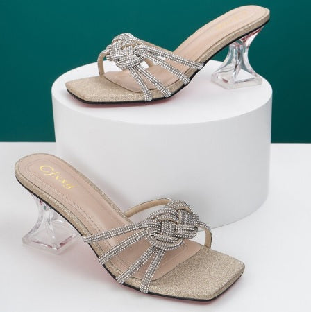 Summer Fashion Diamond Slides Casual Square Rhinestones Toe High Heels CODE: KAR1773