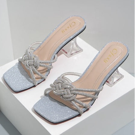 Summer Fashion Diamond Slides Casual Square Rhinestones Toe High Heels CODE: KAR1773