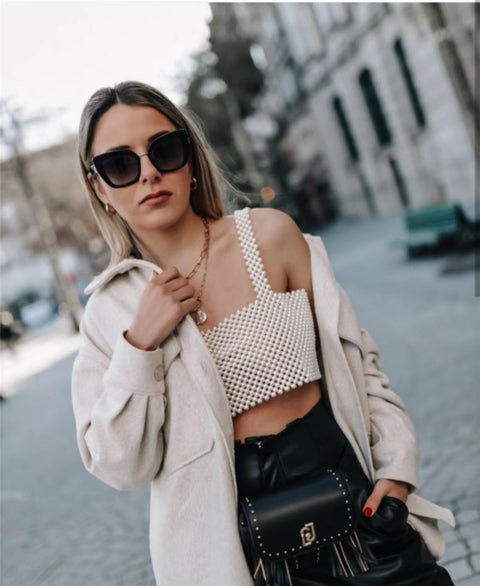 New Fashion High Street Deep Pearl Vest White Sleeveless Sexy Crop Top CODE: KAR1774