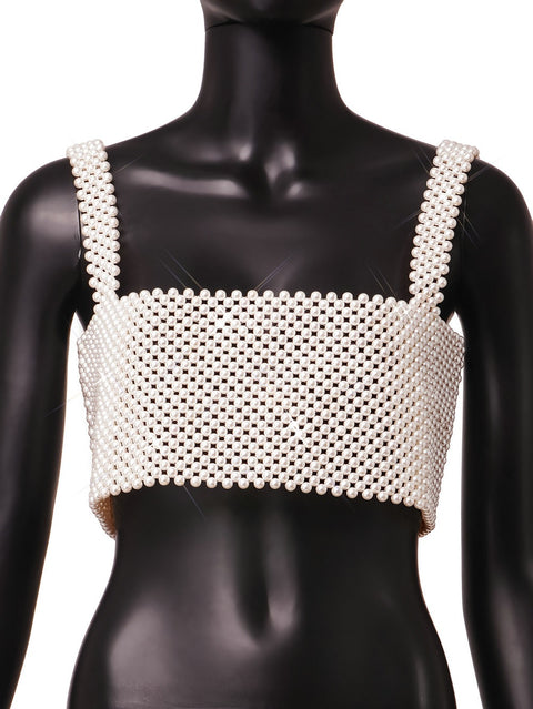 New Fashion High Street Deep Pearl Vest White Sleeveless Sexy Crop Top CODE: KAR1774