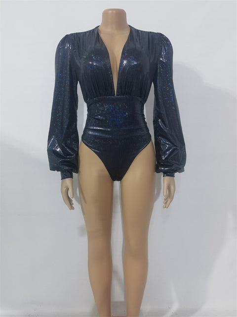 New Fashion Long Sleeve Deep V-neck Bronzing Patchwork Sexy Jumpsuits CODE: KAR1775