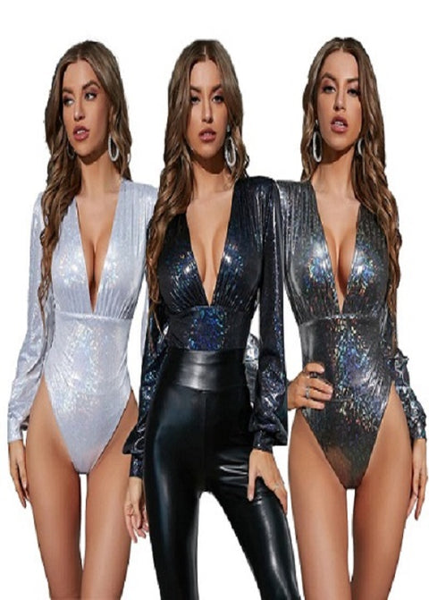 New Fashion Long Sleeve Deep V-neck Bronzing Patchwork Sexy Jumpsuits CODE: KAR1775