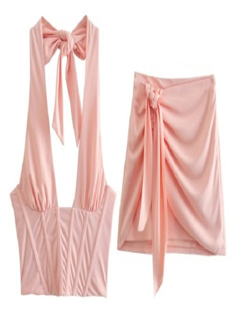 New Fashion Sexy Style Halter Short Retro V Neck Open Tank Top + Mini Skirt Set CODE: KAR1782