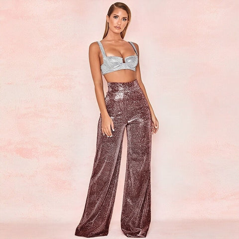 New Sparkle Metallic Feel High Waist Long Wide Leg Pants CODE: KAR1791