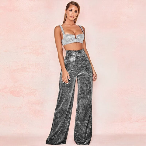 New Sparkle Metallic Feel High Waist Long Wide Leg Pants CODE: KAR1791