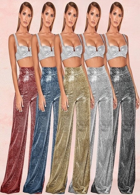 New Sparkle Metallic Feel High Waist Long Wide Leg Pants CODE: KAR1791