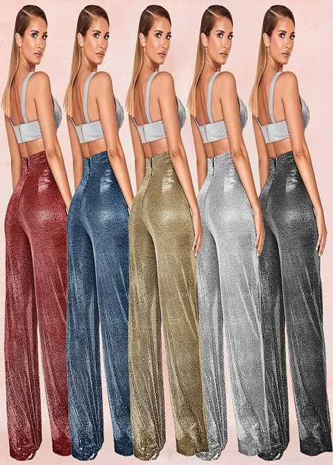 New Sparkle Metallic Feel High Waist Long Wide Leg Pants CODE: KAR1791