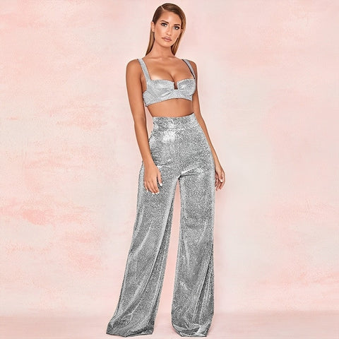 New Sparkle Metallic Feel High Waist Long Wide Leg Pants CODE: KAR1791