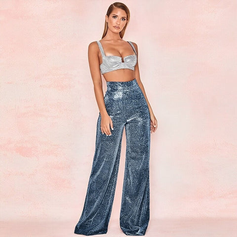 New Sparkle Metallic Feel High Waist Long Wide Leg Pants CODE: KAR1791