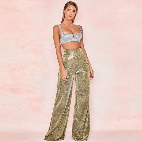 New Sparkle Metallic Feel High Waist Long Wide Leg Pants CODE: KAR1791