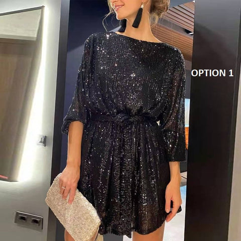 Autumn Winter Elegant Solid Sequin Casual Long Sleeve A-Line Shiny Loose Mini Dress CODE: KAR1797