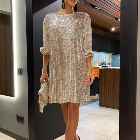 Autumn Winter Elegant Solid Sequin Casual Long Sleeve A-Line Shiny Loose Mini Dress CODE: KAR1797