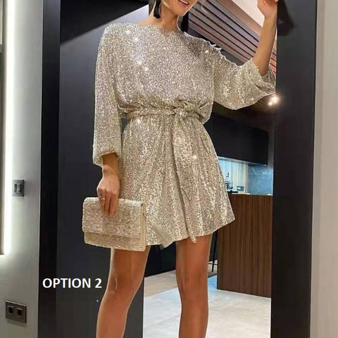 Autumn Winter Elegant Solid Sequin Casual Long Sleeve A-Line Shiny Loose Mini Dress CODE: KAR1797