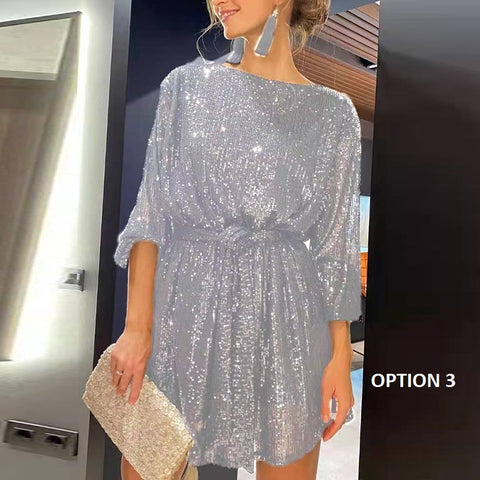 Autumn Winter Elegant Solid Sequin Casual Long Sleeve A-Line Shiny Loose Mini Dress CODE: KAR1797
