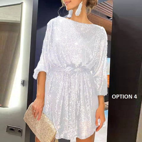 Autumn Winter Elegant Solid Sequin Casual Long Sleeve A-Line Shiny Loose Mini Dress CODE: KAR1797
