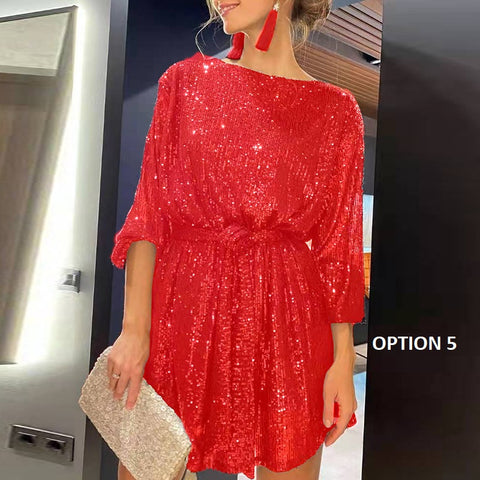 Autumn Winter Elegant Solid Sequin Casual Long Sleeve A-Line Shiny Loose Mini Dress CODE: KAR1797