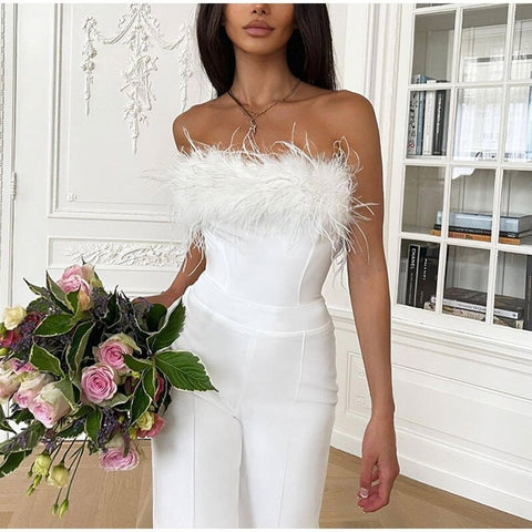 Sexy Elegant Feather Strapless Jumpsuit CODE: KAR1799