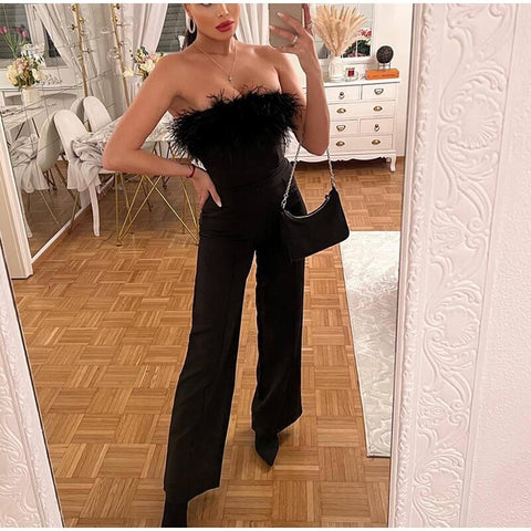 Sexy Elegant Feather Strapless Jumpsuit CODE: KAR1799