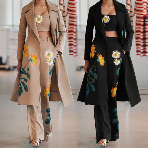 New Fashion Temperament Print Flower Windbreaker Long Trench Coat Wide Leg Pant Set CODE: KAR1803