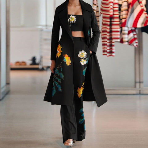 New Fashion Temperament Print Flower Windbreaker Long Trench Coat Wide Leg Pant Set CODE: KAR1803