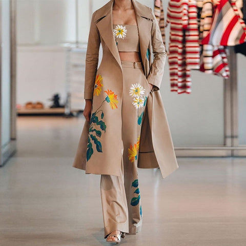 New Fashion Temperament Print Flower Windbreaker Long Trench Coat Wide Leg Pant Set CODE: KAR1803
