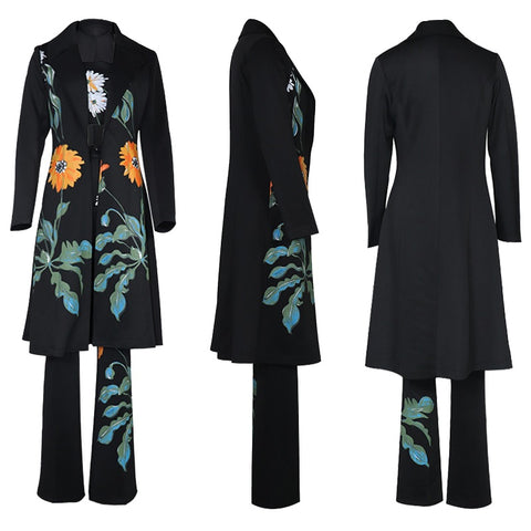 New Fashion Temperament Print Flower Windbreaker Long Trench Coat Wide Leg Pant Set CODE: KAR1803