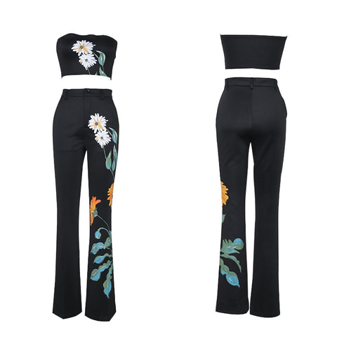 New Fashion Temperament Print Flower Windbreaker Long Trench Coat Wide Leg Pant Set CODE: KAR1803